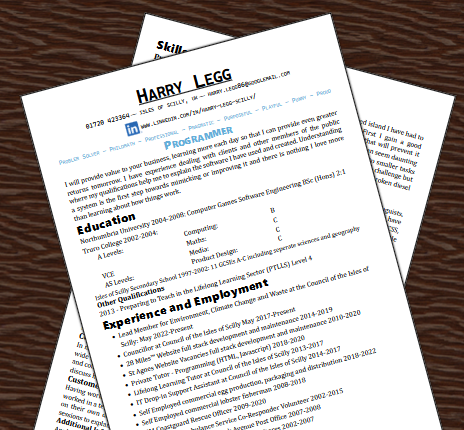 Two sheets of A4 on a wooden table, titled HARRY LEGG